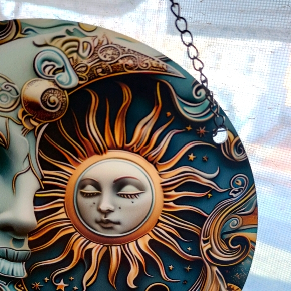 Moon and Sun Ying Yang style Glass Painted  Hanging Artwork w Chain - Picture 4 of 9